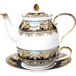 ACMLIFE Tea for One Teapot and Cup Set with Saucer, Fine Bone China Tea Set for One Person Gift, Thanksgiving, Christmas, Black and Gold
