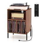 Tangkula Record Player Stand, Turntable Side Table Nightstand w/Charging Station & Vinyl Record Storage Cabinet Holds up to 150 Albums, Record Player Holder for Living Room (Walnut, 31" H)