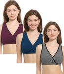 CAKYE 3 Pack Maternity Nursing Sleep Bra Breastfeeding Cotton Bralette, Burgundy/Stripe/Atrovirens, Large