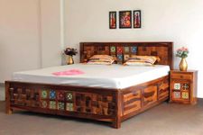 VINAYAK ART PLACE Sheesham Wood King Size Bed with Storage | Wooden Double Bed Cot Bed with Box Storage & Premium Niwar Tile Design Headboard for Bedroom | Natural Finish, 6.5 X 6 Ft