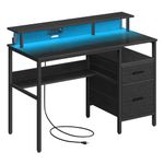 VASAGLE Gaming Desk with LED Lights and Built-In Power Outlets, Computer Desk with Monitor Shelf, Corner Desk, 2 Fabric Drawers, 2 USB Ports, for Home Office, Ebony Black LWD093B02