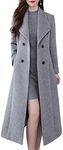 ebossy Women's Shawl Collar Double Breasted Below Knee Slim Wool Trench Long Coat, Grey, Medium