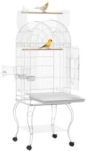 PawHut Cage à Oiseaux sur roulettes avec étagère, Grille et Plateau Amovible 2 Bols en Acier Inoxydable, perchoir pour perruches 51 x 51 x 153 cm Blanc