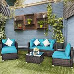 Tangkula 6 Pieces Patio Rattan Sectional Furniture Set, Outdoor Wicker Conversation Set with Glass Coffee Table Sofa Ottoman, Wicker Sofa Set with Back & Seat Cushion for Backyard Garden (Turquoise)