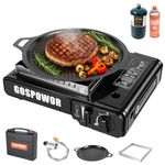 Propane or Butane Stove with Windblocker, Dual Fuel 10,000 BTU Gas Stove for Camping, Automatic Ignition Propane Stove with Adapter Hose Carrying Case & Griddle for Hiking (Fuel Not Included)