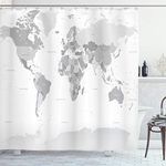 ABAKUHAUS Grey Shower Curtain, Detailed World Map with All Countries Major Capital Cities Universe Earth Continents, Cloth Fabric Bathroom Decor Set with Hooks, 78 Inches, Grey White