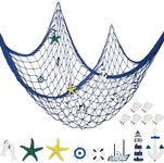 Decorative Fishnet Nautical Fishing Net Wall Hanging Decor, 8 Pieces Starfish, Sailboat, Lighthouse, Life Ring, Rudder, with Transparent Hook for Mermaid Mediterranean Party (Blue)