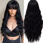 ATAYOU® Long Black Wig With Bangs Heat Resistant Synthetic Wig For Women 24 Inch Hair Replacement Wig For Party Cosplay Body Wavy Wig (Black 544)