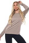 AA ESSENTAILS Women Ladies Long Sleeve Round Neck Plain Top Stretchy Casual Summer T-Shirts Basic Slim fit Tee Tops (Mocha, 12-14) (ZJ-88487)