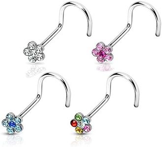 FIFTH CUE 4pc 6-Gem Flower 316L Surgical Steel Nose Screw Value Pack (18G)