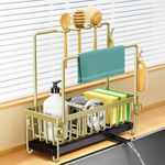 PKBD Kitchen Sink Caddy, Stainless Steel Sponge Holder with Removable Drain Tray, Removable Partitions, Dishcloth Hanger and Brush Drainer Rack, Kitchen Organiser for Sink Tidy, Gold