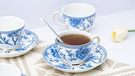 GOLDEN QUEEN'S Floral Cups, Saucer & Spoons Set for Coffee/Tea/Hot Drinks - Set of 6 Cups, 6 Saucers & 6 Spoons (Sky Blue)