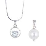 JFL - Jewellery for Less Fashion Combo of Silver Whitegold Plated Cubic Zircon Center Heart Solitaire & Japanese Pearl Pendant with Chain Women and Girls