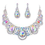 BriLove Costume Fashion Jewelry Set for Women Crystal Teardrop Hollow Scroll Statement Necklace Dangle Earrings Set Clear AB Silver-Tone