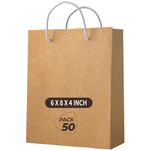 VAAIMAI Handmade Brown Paper Bags - 50 Pack, 6X8X4 Inch, Small Gift Bags Bulk with Handles, Kraft Bags, Small Size Paper Bags with Handles for Small Business, Party Supplies, Christmas