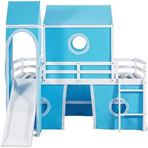 Loft Bed with Slide & Curtains and Tower, Solid Wood Castle Low Loft Bed Frame with Tent, Solid Wood Playhouse Bed with roof, Windows and Fence Shaped Guardrails for Kids Girls Boys Blue Full Size