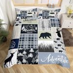 Rustic Deer Bear Bedding Set, Country Farmhouse Comforter Cover Cabin Lodge Decor, Adventure Camping Grid Claw Duvet Cover Woodland Wild Animal Vintage Bedspread Cover For Kids Teens Adult, Twin