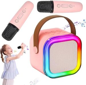 Karaoke Machine for Kids- Portable Bluetooth Mini Karaoke Microphone Singing Speaker with 2 Wireless Mics and Lights - Perfect for Parties, Family Gatherings, Birthdays, and Home Entertainment-Pink