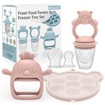 3 Pack Baby Fruit Food Feeder & Freezer Tray Set and Silicone Teething Toy for Babies, BPA Free Infant Teething Relief Toy for 3+ Months, Additional Silicone Sacs - Bear Pink