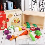 BLiSS HUES Wooden Vegetable & Fruit Cutter with Wooden Knife & Chopping Board- Kitchen Food Toys Pretend Play Set for Kids-