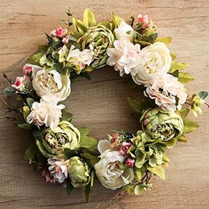 Peony Wreath 43 cm / 17 inch Floral Wreath Artificial Wreath for Front Door Wall Decor Home Décor Festival Celebration Wedding Party New Owners Seasonal Decoration Housewarming Gifts (White&Green)