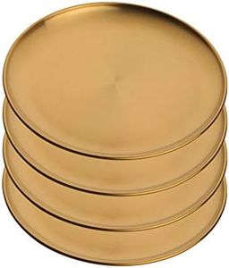 4-Piece Stainless Steel Dinner Plates Dessert Salad Plates Set Indian, Mingcheng 9.1 Inch Colorful Metal Platter for Camping, Unbreakable and Reusable Microwave/Dishwasher Safe (Gold)