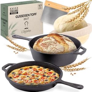 Pentola con Padella in ghisa 26CM bruciata con cestino di lievitazione - compatibile con l'induzione - Girarrosto 2in1 in ghisa 3L con padella 1,5L - Casseruola in ghisa per cottura pane