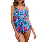 WIN.MAX Women's Tankini Sets Ruffled Flounce 2 Pieces Swimwear with High Waist Bottom Plus Size Swimsuit (Blue Leaves, UK16)