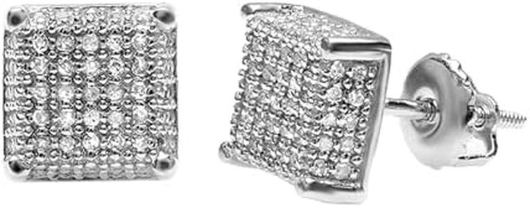 Dazzlingrock Collection 10.4mm Platinum Plated White Cubic Zirconia Square Shaped Micro Pave Hip Hop Iced Out Studs, Screw Back, Unisex Design Ladies, Mens Real Diamond Earrings