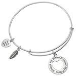 Qina C Sterling Silver Always My Sister Forever My Friend Love Heart Feather Dangle Charm Adjustable Wire Bangle Bracelet