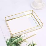 Ruhi Collections Tray Rectangle Glass with Brass Rim and Mirror Base Vanity Table Decoration (Gold, Large Rectangular)