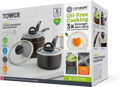 Tower Cerasure 3-Piece Saucepan Set – Non-Stick, Induction Safe, Graphite