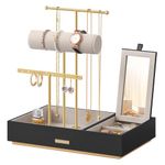 SONGMICS Jewellery Stand, Metal Jewellery Earring Organiser, Jewellery Display Stand with Mirror, with Earring Bracelet Holder, Necklace Stand, for Rings, Gift Idea, Black and Gold JJS022B01