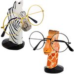 2 Pieces Wooden Animals Eyeglass Holder Hand Carved Wood Eyeglasses Sunglasses Holder Stand for Home Office Desk Decor (Giraffe, Zebra)