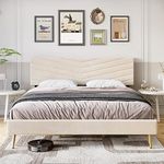 Homhougo Queen Size Bed Frame, Velvet Queen Platform Bed Frame with Adjustable Headboard, Upholstered Bed Frame Queen, Wood Slats Support, No Box Spring Needed, Beige