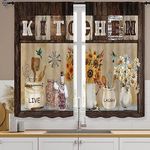 Famiffty Rustic Vintage Farmhouse Sunflower Kitchen Curtains 27.5W X 39L Inch 2 Panels Rod Pocket Retro Country Floral Daisy Small Short Cafe Curtains Window Drapes Treatment Over Sink Home Decoration