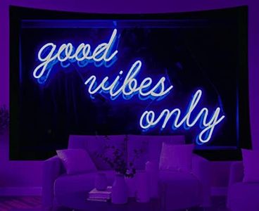 Musesh Blue Neon Tapestry Good Vibes Only Words Glow in The Dark Tapestry for Teen Girl Bedroom Dorm Living Room Decor 80X60 Inch