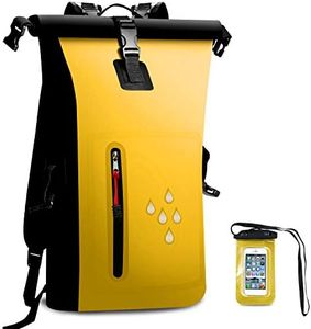 Waterproof Backpack Dry Bag 25L Adjustable Shoulder Strap roll top Bag with Waterproof Phone Case for Kayaking Skiing Camping Swimming Fishing Water Sports Travel Hiking Folding Travel (Yellow)