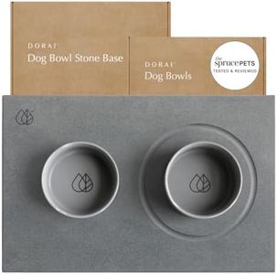 Dorai Home Ceramic Dog Bowls + Stone Drying Mat - Dog Food and Water Bowl Set with Non-Slip Base that Absorbs Spills and Drips - Made with Diatomaceous Earth for Quick Drying - 23.6" x 15.4" - Slate