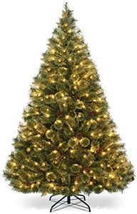 Costway 1.8 M/6ft Pre-Lit Christmas Tree with Pine Needles & Pine Cones, Artificial Hinged Xmas Tree w/LED Lights, Premium PVC Christmas Decoration Tree w/Foldable Metal Stand, SAA Certificated