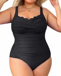 Aqua Eve Women Plus Size Swimsuits One Piece Tummy Control Bathing Suits Retro Scalloped Twist Front Swimwear Black 16W
