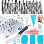 Piping Bags and Tips | RFAQK 100 PCs Cake Decorating Kit with Spatula-Scrappers-48 Numbered Stainless Steel Piping Tips & Icing Bags-Reusable Silicon Bag-Pattern Chart, EBook & Other Icing Piping Set