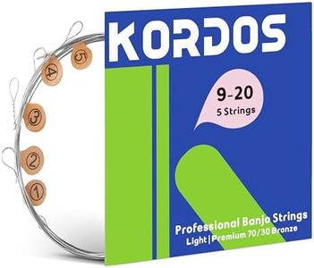 KORDOS Banjo Strings 5 string Set Light Loop End, Vacuum-Sealed Packing Long Life, 5 String Banjo Strings Set - 70/30 Phorsphor Bronze, Hex Carbon Steel Core, Light Gauge, 9-20