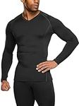 TSLA Men's Thermal V-Neck Long Sleeve Compression Shirts, Athletic Base Layer Top, Winter Gear Running T-Shirt, Heatlock V Neck Black & Charcoal, M