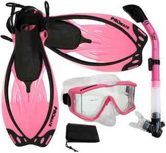 PROMATE Snorkeling Scuba Dive Panoramic Purge Mask Dry Snorkel Fins Gear Set, Pink, S/M