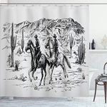 Ambesonne Western Shower Curtain, Country Theme Hand Drawn Illustration of American Wild West Desert with Cowboys, Cloth Fabric Bathroom Decor Set with Hooks, 69" W x 84" L, Charcoal Grey