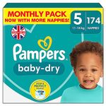 Pampers Baby-Dry Size 5, 174 Nappies, 11kg-16kg, With A Stop & Protect Pocket at the back for up to a 100% Leak-Free Night