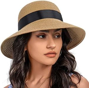 S.ROMZA Sun Straw Hat for Women with Wind Lanyard Wide Brim Foldable Beach Summer Hats Womens UV 50+ Protection Bowknot Cap (Khaki)
