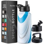 FineDine Water Bottle - Stainless Steel Insulated Water Bottle with Straw Lid, Flip Lid & Wide-Mouth Cap - Keeps Hot and Cold - 32 Oz / 946ml - Exquisite Blue Marble