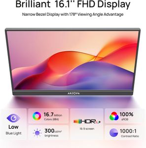 ARZOPA 16.1" Portable FHD IPS Monitor – HDMI/USB-C, Eye Care, Gaming